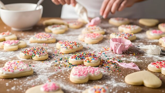Decorating Heart-Shaped Cookies with Icing and Sprinkles