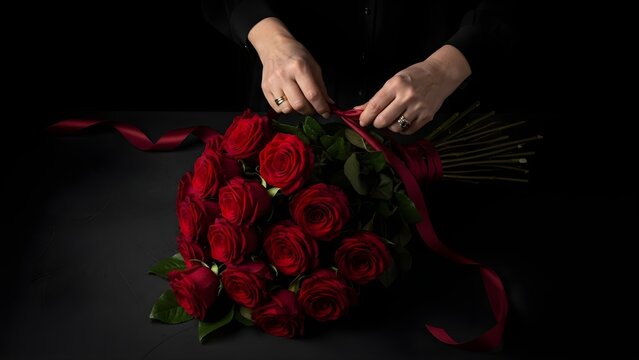 Hands Tying Elegant Red Rose Bouquet with Ribbon