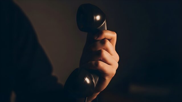Hand Holding Vintage Phone Receiver in Dark Room