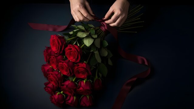 Hands Tying Red Roses Bouquet with Elegant Ribbon
