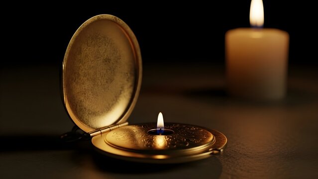 Golden Locket with Candle Flame in Dark Atmosphere