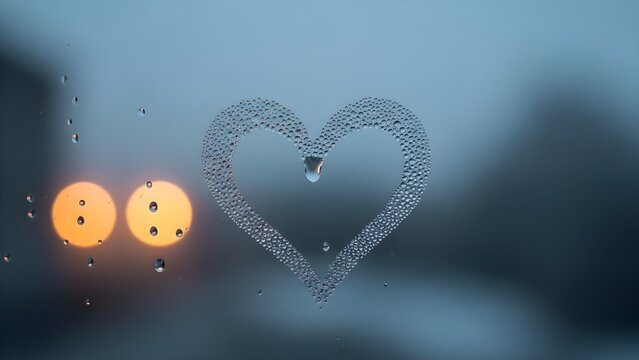 Love Heart Drawn on Condensation Window with Bokeh Lights