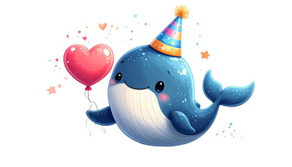 A cartoon whale wearing a party hat, holding a heart balloon, surrounded by sparkle effects