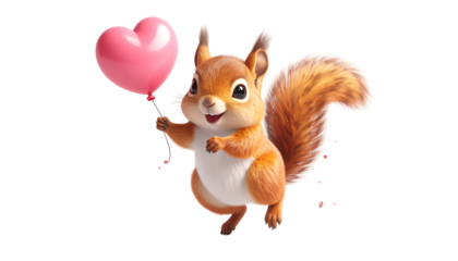 A charming cartoon squirrel with fluffy tail joyfully holding a pink heart-shaped balloon