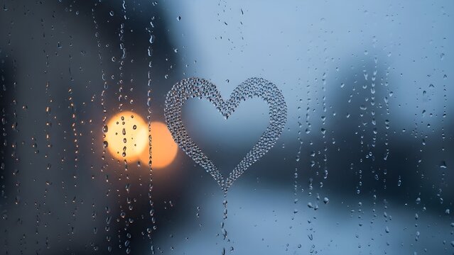 Romantic Heart on Rainy Window with Bokeh Lights