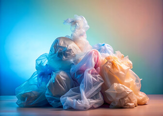 Pile of plastic bags and packaging waste isolated against a soft pastel background