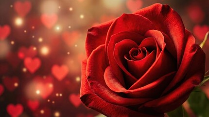 A beautiful vibrant red rose in close-up with a romantic bokeh background featuring numerous heart-shaped lights, symbolizing love and passion.