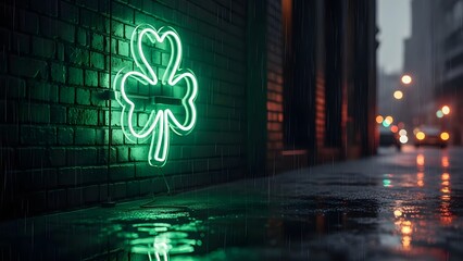 St patrick's day neon shamrock decoration on city street at night