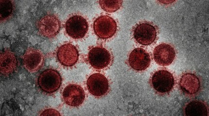 Microscopic image showing numerous red, circular virus particles on a textured grey surface, illustrating viral structures.