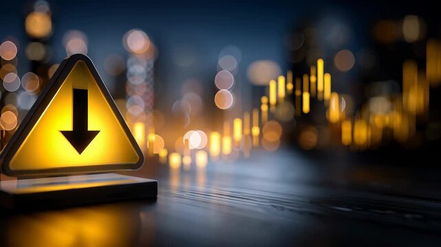 Yellow warning sign arrow caution symbol finance stock market decline risk alert glowing triangle downward arrow financial loss risk concept city
