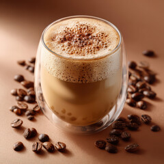 Gourmet Cappuccino Delight: A close-up showcases a beautifully presented cappuccino, boasting a rich, foamy texture, complemented by scattered coffee beans.
