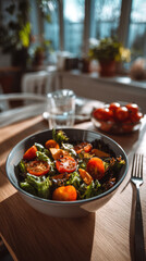 Fresh Salad: A vibrant close-up of a colorful, fresh salad in a bowl, with ripe tomatoes, and leafy greens. it is a healthy meal.