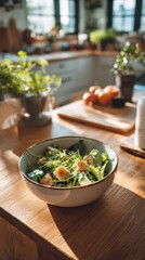 Fresh Salad Bowl in Sunny Kitchen: A vibrant, appetizing bowl of fresh salad sits on a wooden surface, nestled in a well-lit kitchen, embodying the essence of healthy eating and culinary joy.