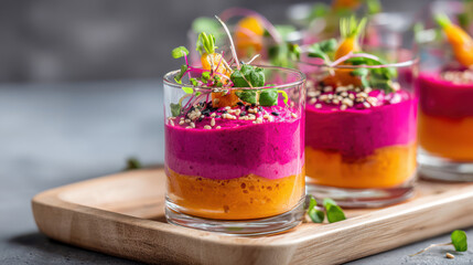 Appetizing Beetroot and Carrot Delight: A delightful display of layered beetroot and carrot puree served in elegant glasses, garnished with microgreens and sesame seeds.