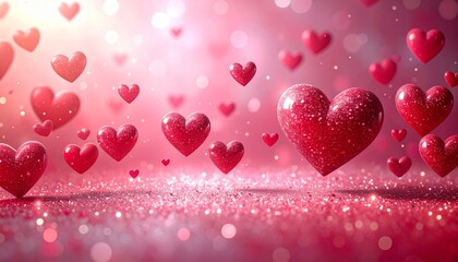 ピンクのキラキラ背景に浮かび上がるハート型チョコ　バレンタイン、ウェディング素材