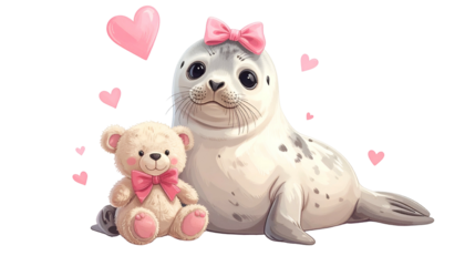 Adorable cartoon seal with a bow, teddy bear, and floating pink hearts