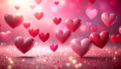 ピンクのキラキラ背景に浮かび上がるハート型チョコ　バレンタイン、ウェディング素材