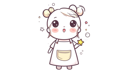 Cartoon child with big eyes, holding a star wand, wearing an apron, on a black background