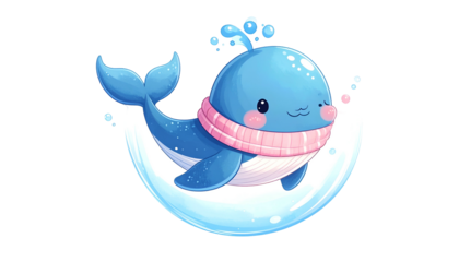 A cute blue cartoon whale in a bubbly world, wearing a pink scarf