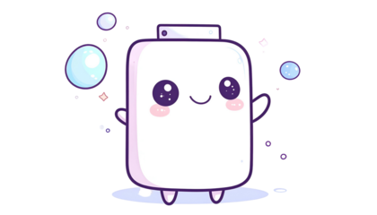 A bubbly, cartoon white container with a smiling face, waving, surrounded by bubbles
