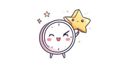 Adorable clock and smiling star cartoon on black background, sparkling with dots