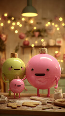 Holiday Family: A whimsical Christmas scene filled with delightful ornament characters, creating a warm, cozy atmosphere with soft lighting and holiday cheer.