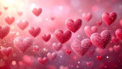 ピンクのキラキラ背景に浮かび上がるハート型チョコ　バレンタイン、ウェディング素材