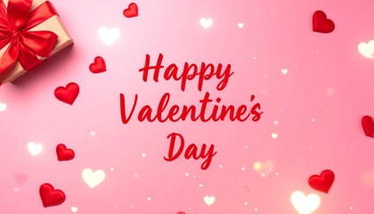 プレゼントとハートに囲まれたハッピーバレンタインデーの文字　バレンタイン素材
