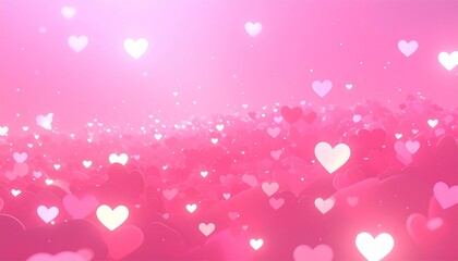 ピンク背景に浮かび上がる光り輝くハート　バレンタイン、ウェディング素材