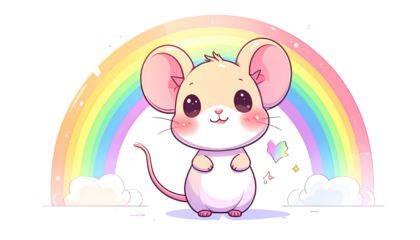 Cute cartoon mouse with blushing cheeks stands before a colorful rainbow