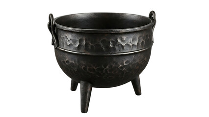 Heavy forged iron cauldron isolated on transparent background