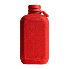 A red water bottle with a textured surface on a transparent background