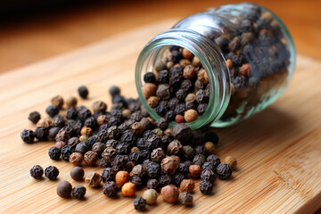 Pepper's Flavorful Cascade: An array of vibrant black peppercorns spill artfully from a glass jar onto a warm, wooden cutting board, capturing the essence of culinary delight.