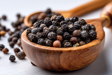 Spice of Life: An intimate close-up showcases a rich collection of black peppercorns nestled within a wooden bowl, symbolizing the essence of flavor and culinary exploration.