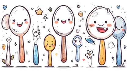 Whimsical cartoon depiction of various spoons with smiling faces, stars and flowers