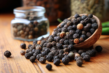 Aromatic Black Pepper: A close-up shot captures an array of black peppercorns spilling from a wooden spoon onto a textured wooden surface. Capturing the beauty of these aromatic and essential spice.
