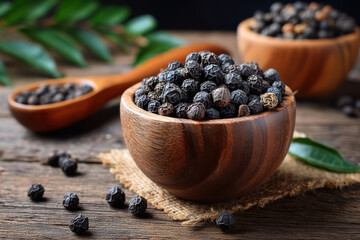 Gourmet Black peppercorn: an elegant composition of freshly picked black peppercorn, artfully arranged in wooden bowls, on a rustic wood surface, with a charming wooden spoon.