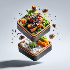 Delicious Bento Box: A creatively crafted bento box bursts with a vibrant array of culinary delights, featuring a delightful assortment of fresh ingredients.
