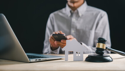 Foreclosure house property law concept, showing real estate debt, attorney lawyer working on home mortgage sale auction, involving court judge legal division for bankruptcy