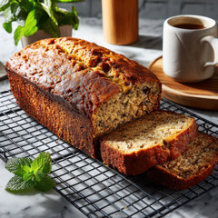 Deliciously Baked Loaf: A freshly baked loaf of bread sits invitingly on a cooling rack beside a cup of coffee, perfect for a cozy morning or afternoon treat.