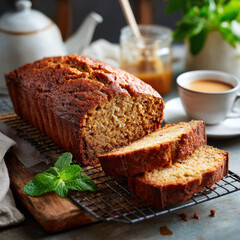 Homemade Banana Bread with Coffee: A mouthwatering banana bread, perfectly baked and sliced, is presented alongside a cup of coffee, creating a scene of warmth, comfort, and culinary delight.