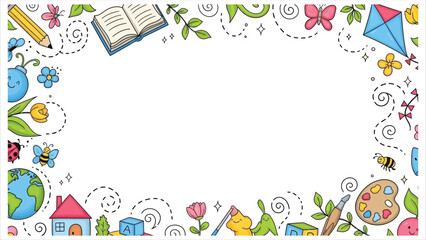 Vibrant educational border with cartoon illustrations for kids learning