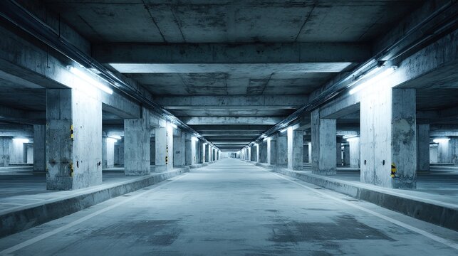 epilogue. An empty underground concrete parking garage with long perspective and harsh fluorescent lighting. real-estate listings.