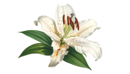 Elegant white lily bloom with freckled petals, surrounded by vibrant green leaves