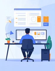 Flat vector illustration of mobile app development and UI/UX design workflow, featuring a programmer at work, abstract interface elements, and modern digital product design for tech startups.