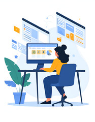 Flat vector illustration of mobile app development and UI/UX design workflow, featuring a programmer at work, abstract interface elements, and modern digital product design for tech startups.