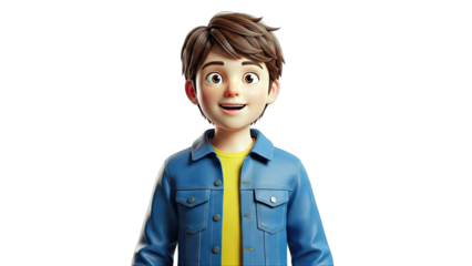 Smiling 3D animated boy in denim jacket and yellow t-shirt