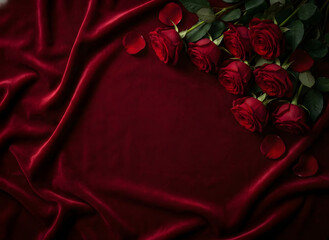 Velvet Roses: A romantic image showcasing the luxurious textures of velvety red roses and fabric, perfect for expressing love and passion.