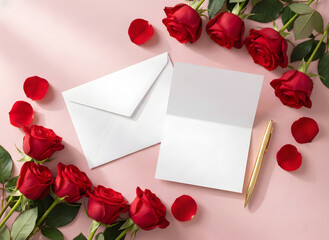 Romantic Note with Roses: A romantic scene unfolds with vibrant red roses, a blank card, envelope, and a pen artfully arranged on a soft pink surface, symbolizing love, care and affection.