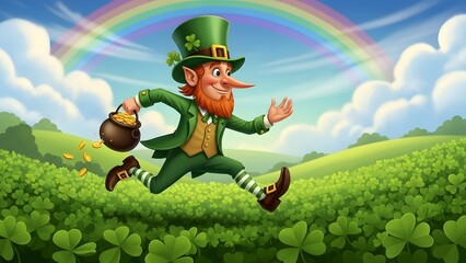 St patrick's day leprechaun running with pot of gold under rainbow